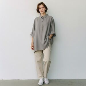 Liam&Co Taupe Gray Linen Blend Oversized Lagenlook L Button Tunic Normcore